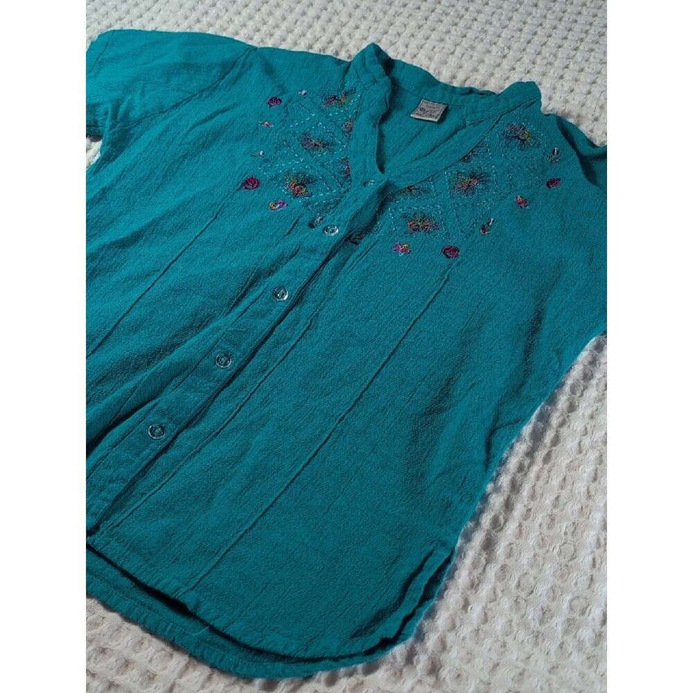 100% Cotton Embroidered V-Neck Button-Front Women's Shirt - Teal Size M - Picture 10 of 10